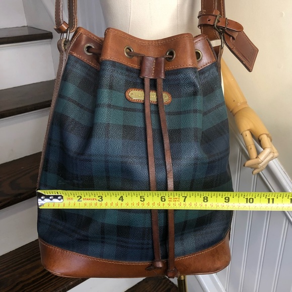 RALPH LAUREN Black Watch Plaid LRG Leather Canvas Drawstring Bucket Shoulder Bag - Picture 16 of 17